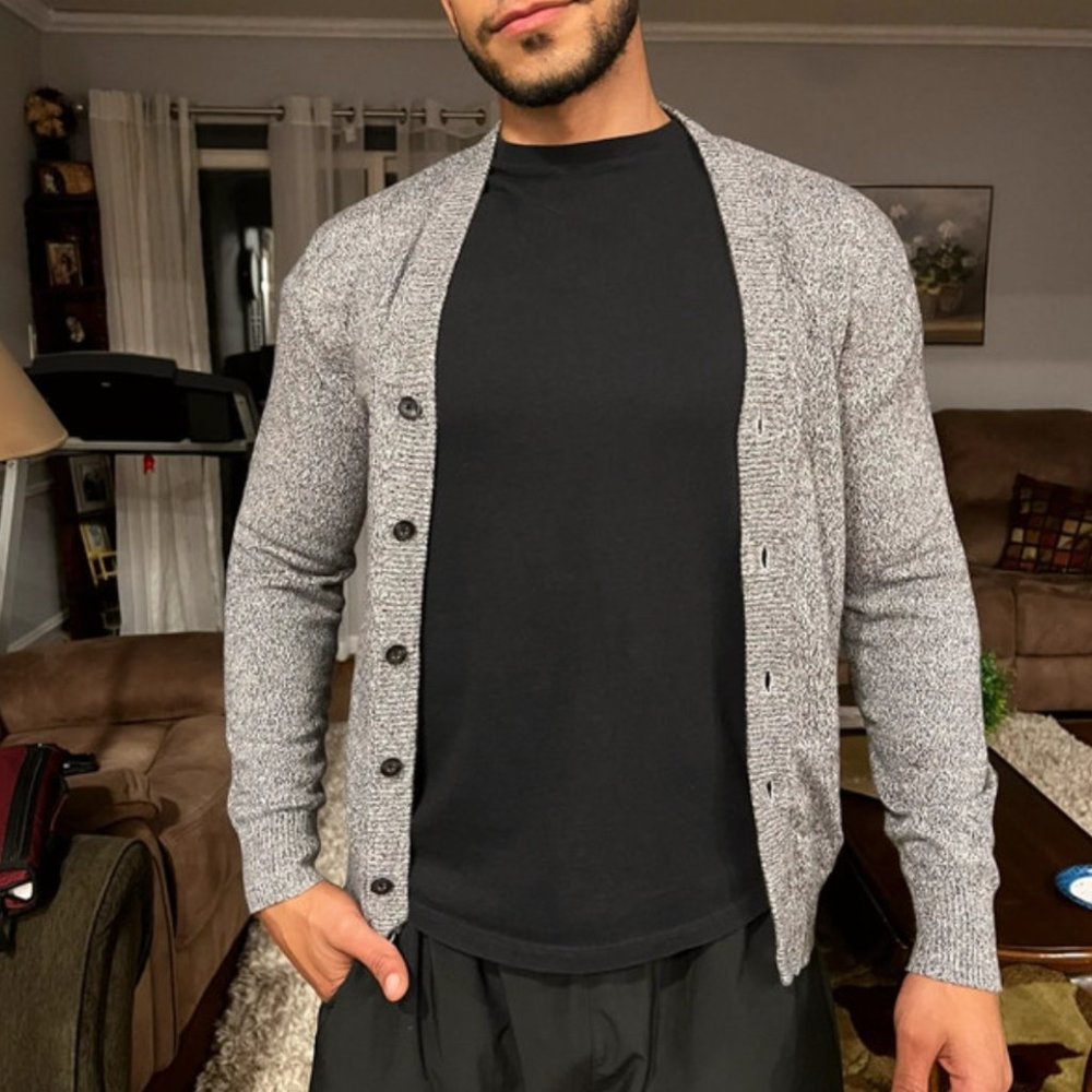 Gray cardigan knit sweater v-neck with buttons by Wilkens Bros vintage